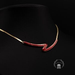 Retro Corocraft Red Enamel Zigzag Necklace in Gold Tone - unsigned